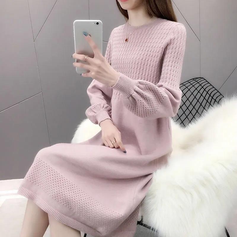 Women Autumn and Winter Long Sleeve Sweater Dress Solid Color O-Neck Lantern Sleeve Elegant Knitted Dresses