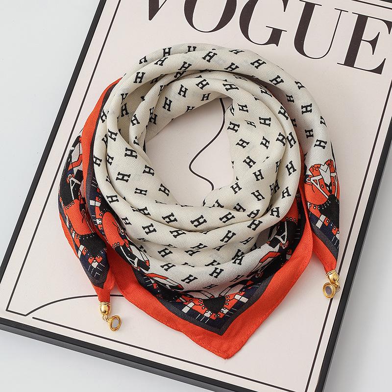 Women's 65" Silk Square Scarf with Magnetic Buckle – Autumn/Winter Print, Fashionable & Versatile Triangle Snood