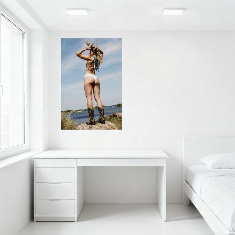 Sexy Woman on Rock Waterfront Tin Sign Vintage Metal Poster for Bar Pub Home Wall Decor with Beach Cowboy Boots Toned Glutes Sce