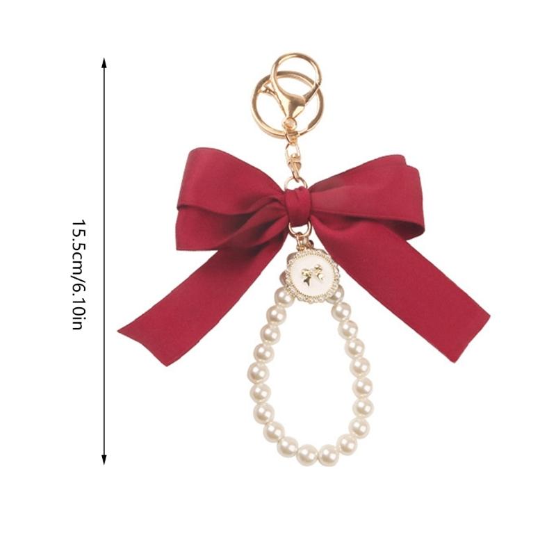 Elegant Pearl Chain Keychain with Large Ribbon Bowknot Pendant Stylish Keychain for Women and Girls Bag Decoration
