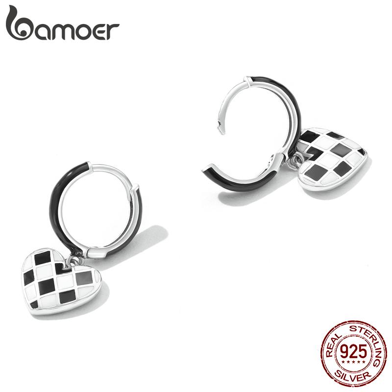 Cercei cu zăbrele rombice de dragoste din argint Sterling 925 BAMOER pentru femei Moda pandantiv inimă alb-negru pentru fete Cadou de nuntă
