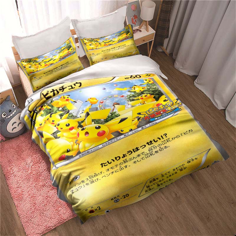 Bedding sets featuring various Pokémon card designs and sizes—including soft duvet covers and pillowcases—suitable for teenagers