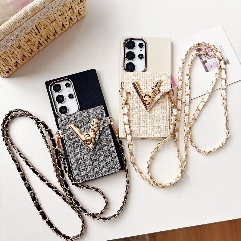 Wallet Lanyard Case for Samsung Galaxy S26 Ultra S25 Plus S22 S21 S23 S24 FE Card Crossbody Strap Leather V Fashion Bag Cover