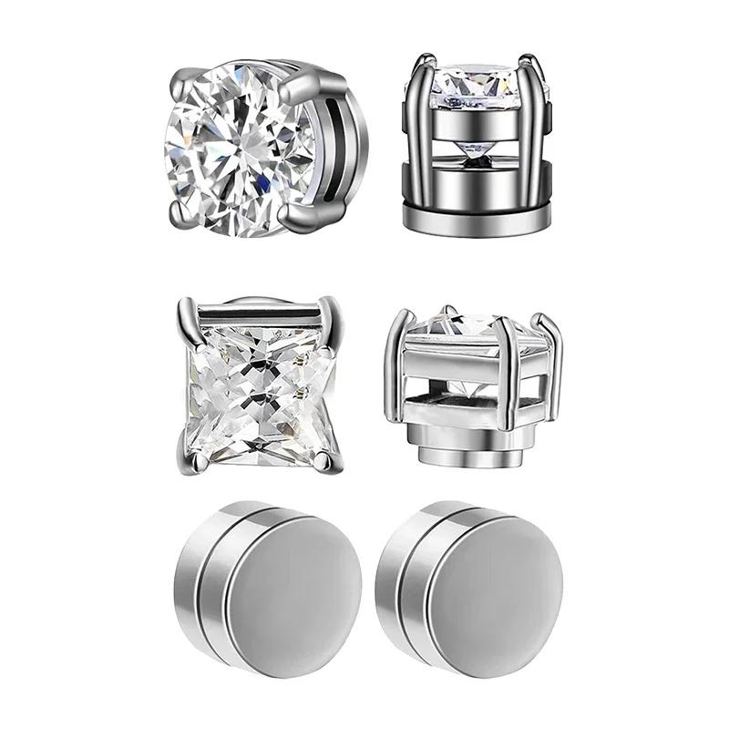 3 Paar starke magnetische Ohrstecker-Clip-Ohrringe mit Kristallen für Männer und Frauen, Punk-Rundzirkon-Magnet-Ohrringe, kein Piercing-Schmuck