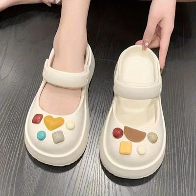 Slippers Female Button Cartoon Thick Bottom Hole Shoes Half Tow Sandals Slippers