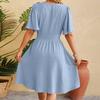 Summer Casual V Neck Short Sleeve A Line Midi Dress Women Solid Color Fashion Dress