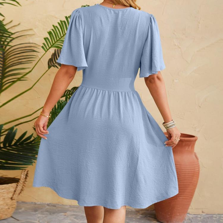 Summer Casual V Neck Short Sleeve A Line Midi Dress Women Solid Color Fashion Dress