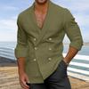 Men Summer Spring Shirt V Neck Double-breasted Solid Color Slim Fit Cotton Blend Lapel Shirt for Business Office Casual Wear