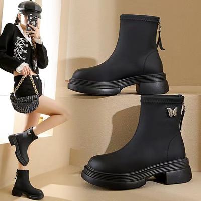 Thick-soled Non-slip and Thin Short Boots Women's Boots 2024 Autumn New Thick Heel Chelsea Boots Rear Zipper Thin Martin Boots