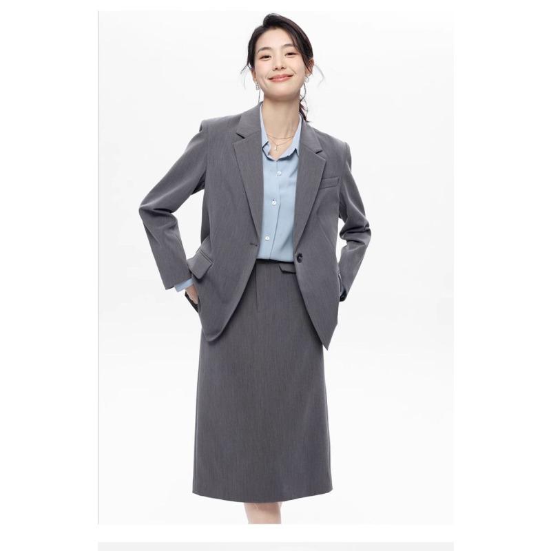 Elegant Grey Women Suit Set Professional Blazer Skirt Formal Business Outfit Interview Office Wear Petite