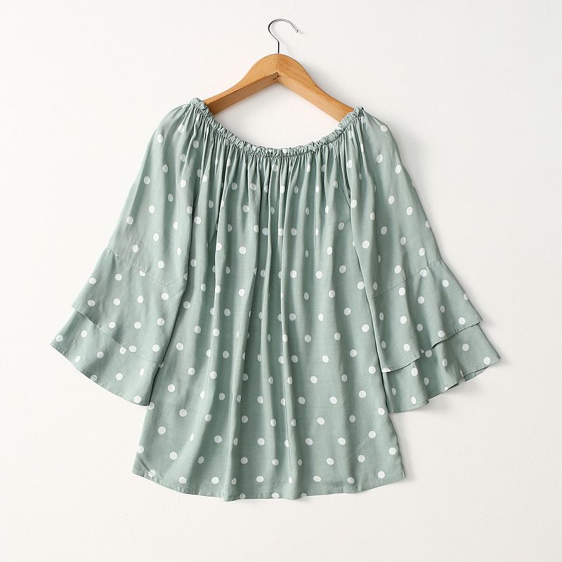 Foreign Trade Original Order Simple Anti-Aging off-Neck Polka Dot Cotton Silk Shirt Women's Summer Thin Bell Sleeve Rayon Tops