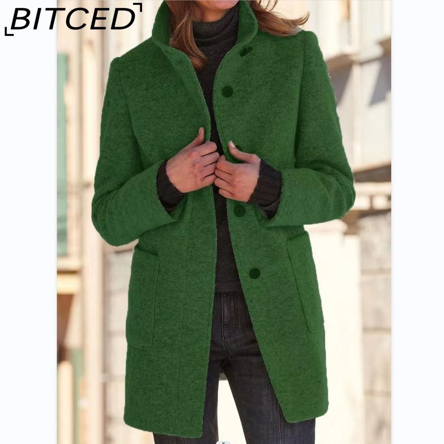 BITCED Autumn/Winter Women's Vintage Solid-Color Button-Up Stand Collar Wool Coat