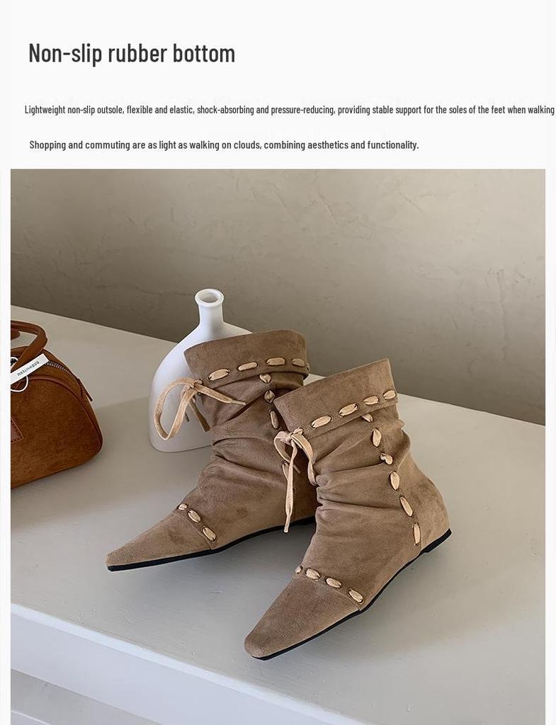 Damen Retro Western Plissee Stiefeletten mit eckiger Spitze und Innensohle, dünnes Riemendesign für Herbst und Winter.
