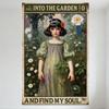 Vintage Style Young Girl In Lush Garden Metal Tin Sign - 'AND INTO THE GARDEN 10' Art Nouveau Romantic Poster for Home Decor, Ba