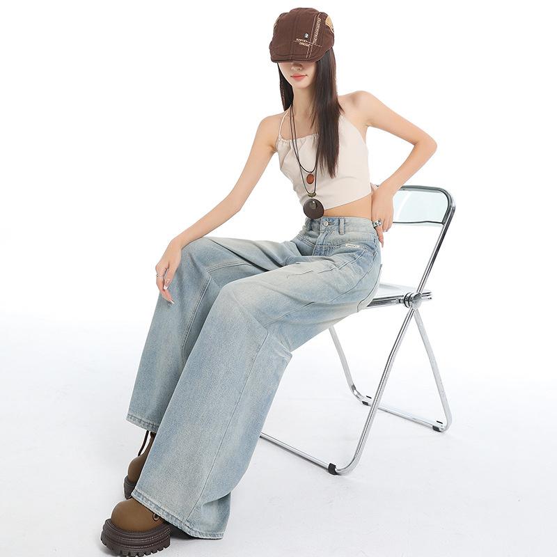 American retro street style hot girl jeans for women, new spring/summer design, high-waisted, drapey, loose, wide-leg, floor-length pants