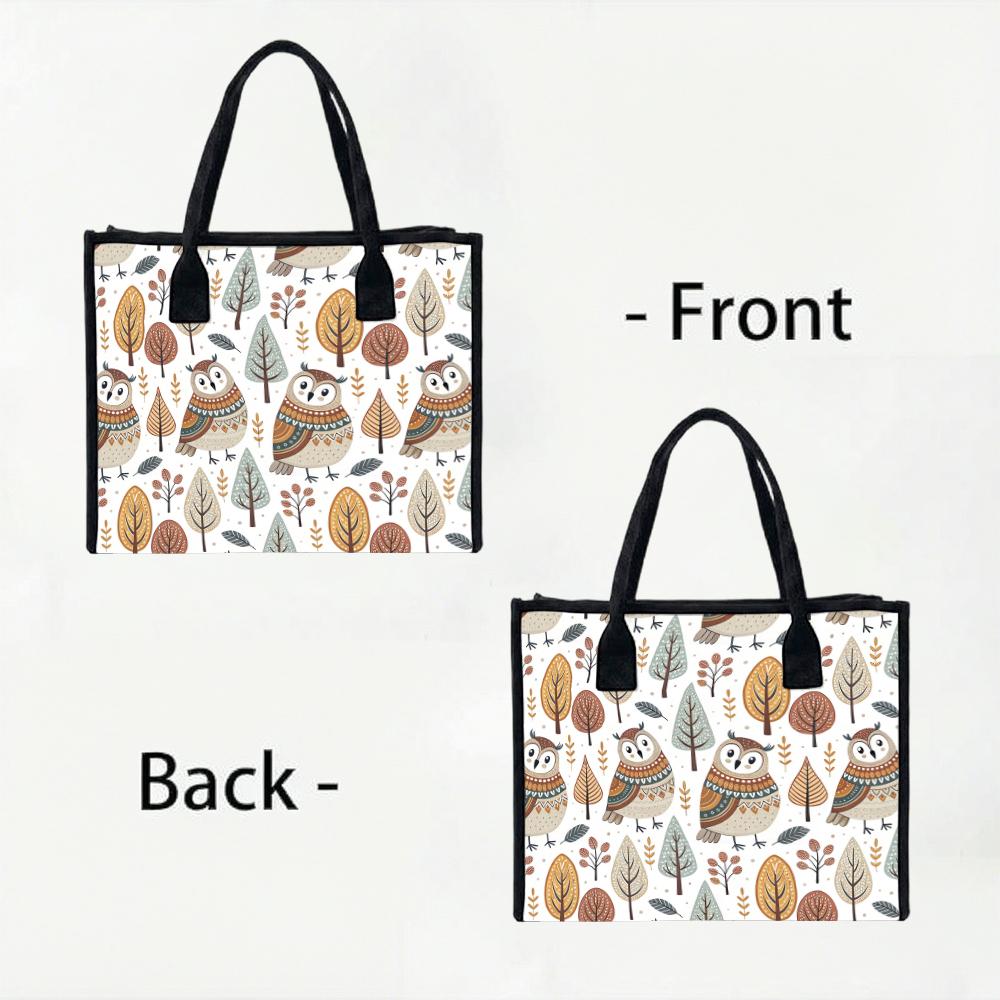 Cute Owl Print Canvas Tote Bag Large Capacity Casual Handbag for Daily Shopping Commute