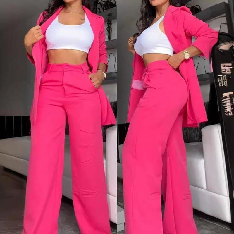 European and American Summer Women clothes Temperament Solid Split Sleeve Lapel Suit Straight Pants Set Women's Pants Suit Women