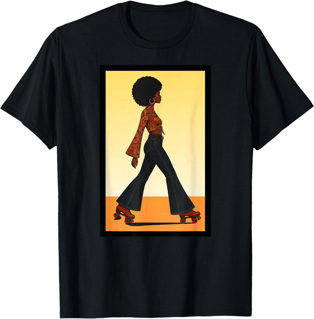 Vintage 1970s Skating Black African American Woman with Afro T-Shirt