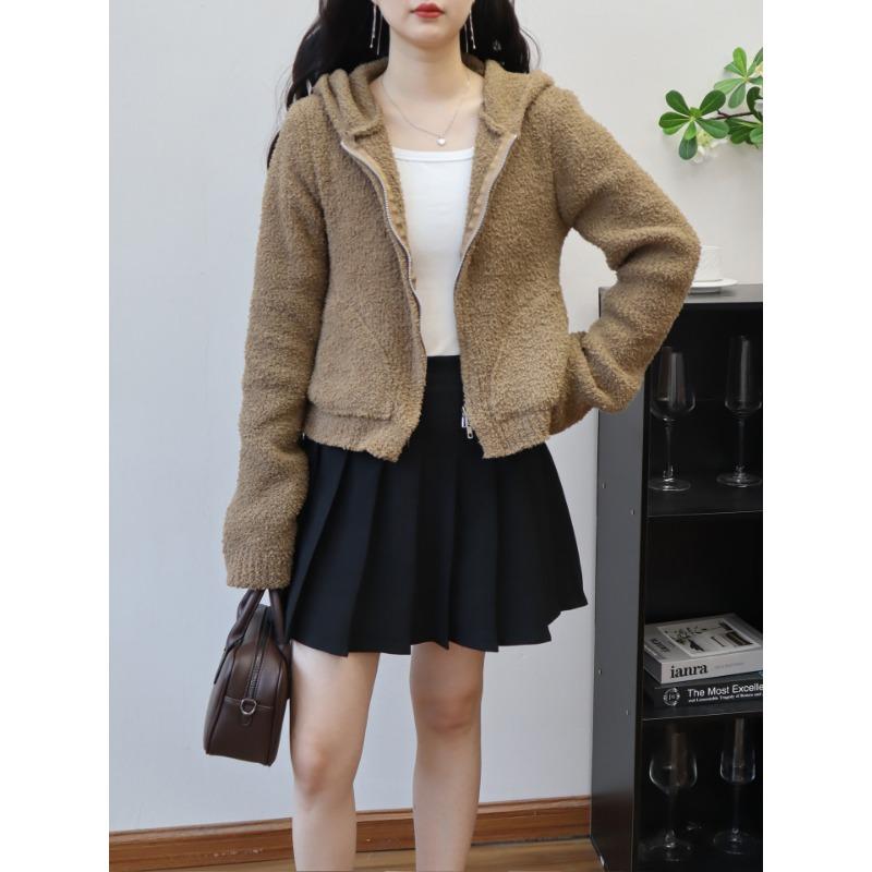 Autumn and winter new hooded double zipper knitted cardigan soft waxy short casual versatile temperament sweater jacket women