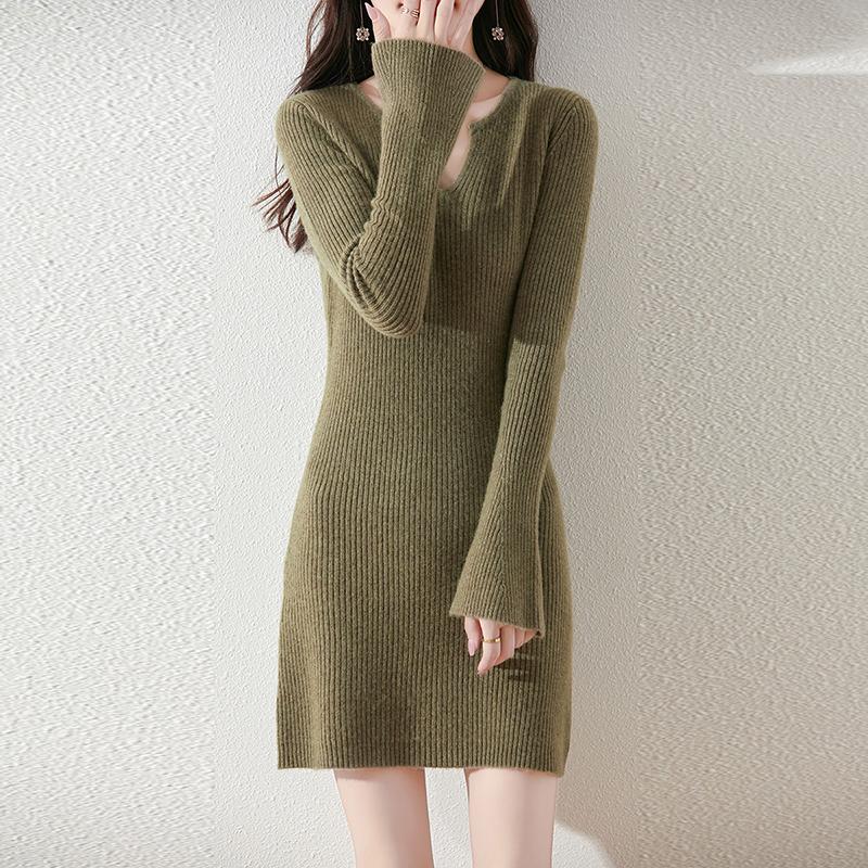 Women Sweater Dress 100% Wool V-neck Knit Long Pullover Winter Jumpers Wool Long Dress Female