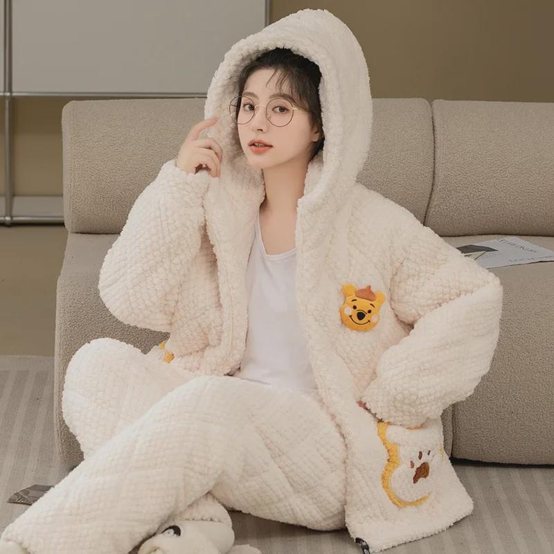 Women's Winter Pajama Set - Three-Layer Quilted, Thick Velvety Coral Fleece, Warm & Cute Bear Design