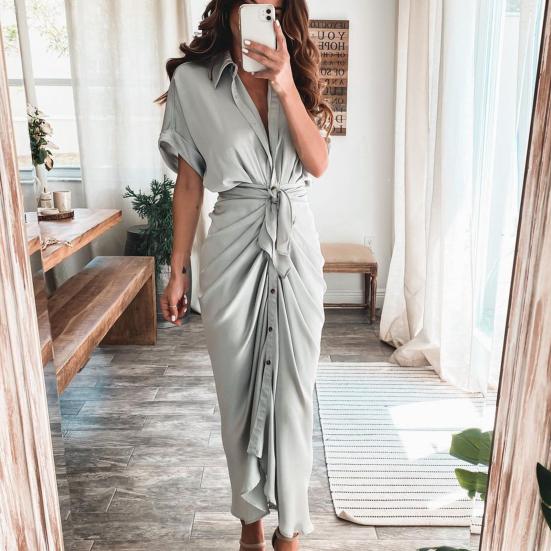 Office Lady Maxi Dress Turn Down Collar Ruched Solid Color Short Sleeve Buttons Belt Dress for Party