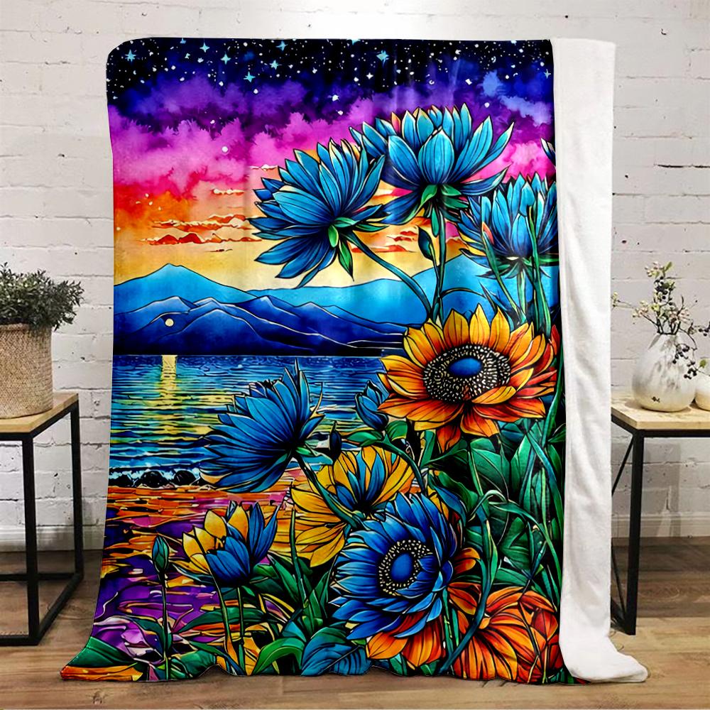 Colorful Flowers and Sunset by the Lake Flannel blanket for bedroom, living room, sofa, and nap sofas.