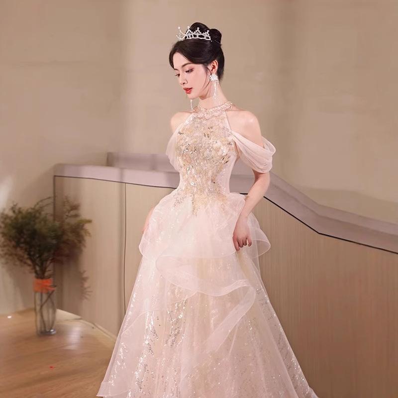Evening dress 1011 new light luxury niche neck sleeveless princess dress engagement toast host adult dress