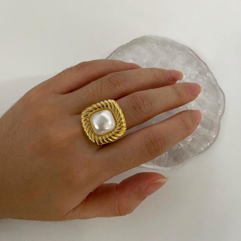 European & American Style Stainless Steel Open Ring with Square Texture & Imitation Pearl