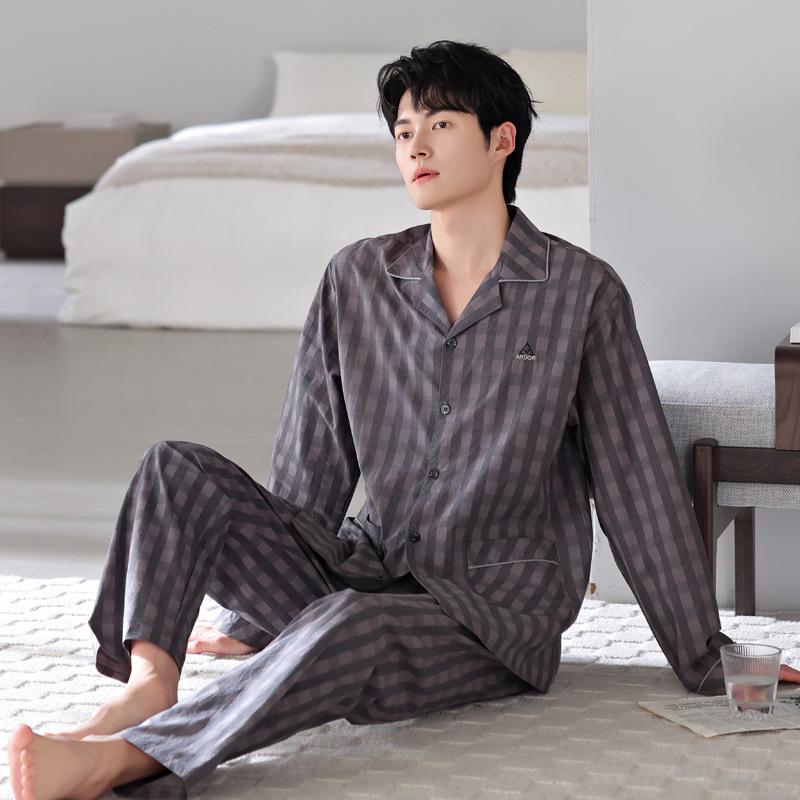 Pajamas Men'S Spring And Autumn Autumn Woven Cotton Gauze Casual Long Sleeves Cotton Loungewear Men'S Suit