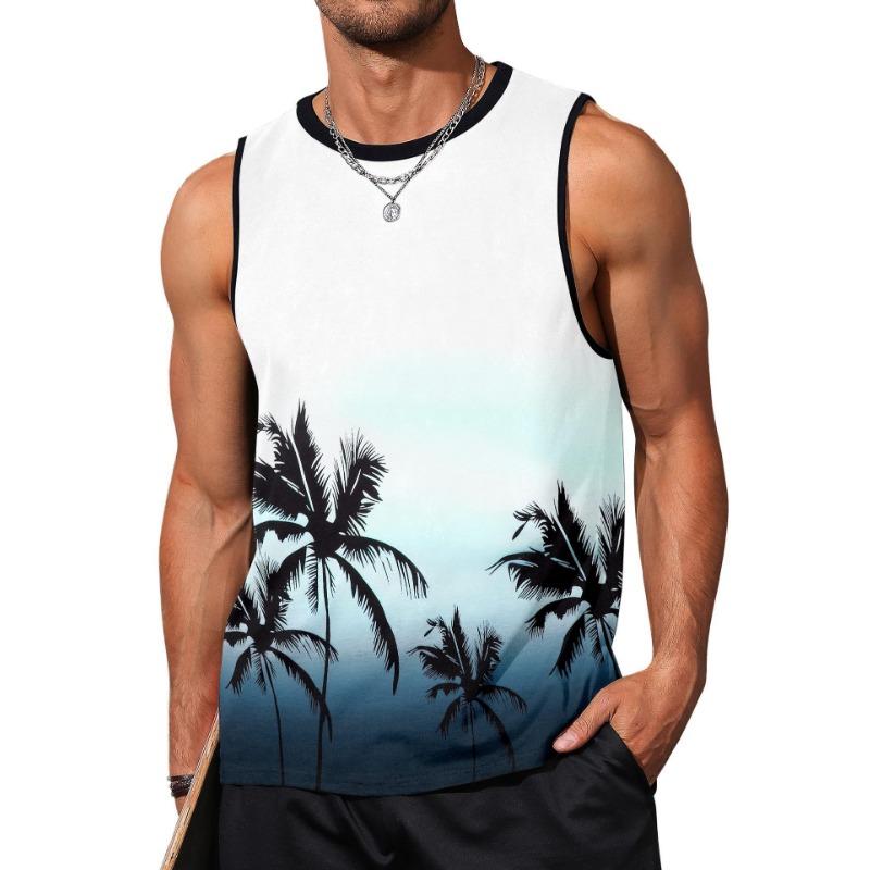 Muscle Man 3D Digital Printed Pattern Tank Top Sleeveless Beach Hawaiian Coconut Tree Tank Top Clothes