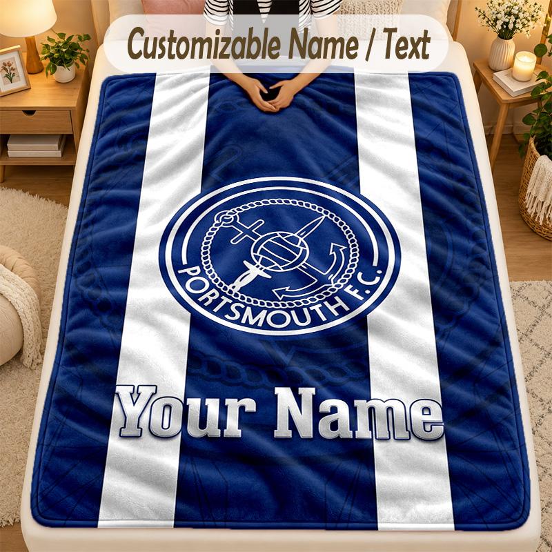 Flannel BlanketPortsmouth FC Custom Name Text Personalized Soft Warm Throw Blanket Home Decor Gift