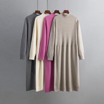Autumn Winter Half High Collar Long Sleeve Woolen Solid Color Knee Length Knitted Oversize Dress