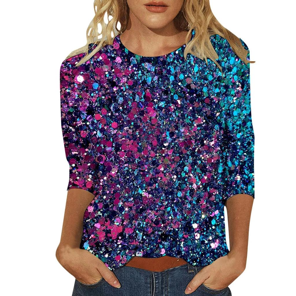 Spring and Autumn Round Neck 3D Glitter Pattern Printed Top Fashionable Casual Long Sleeved Women's T-shirts