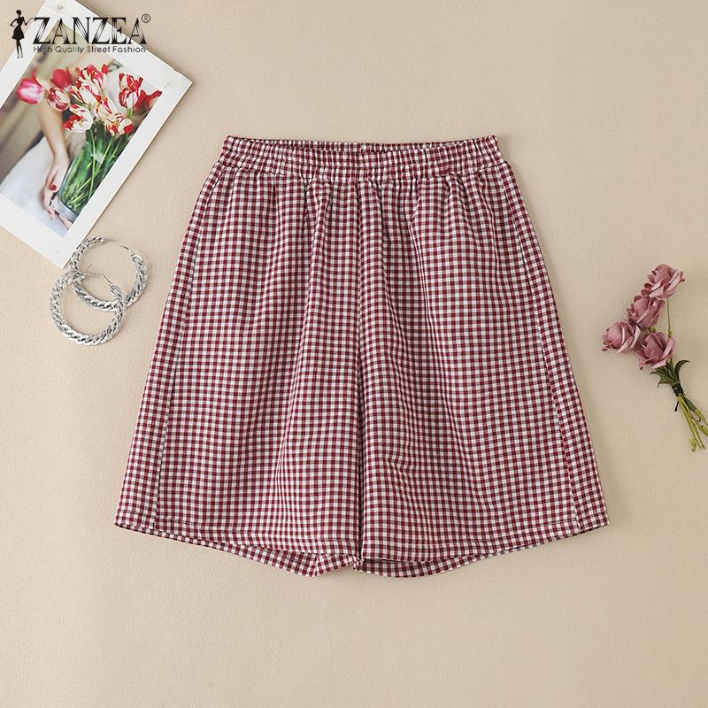 ZANZEA Women Casual Elastic Waist Loose Summer Grid Print Shorts