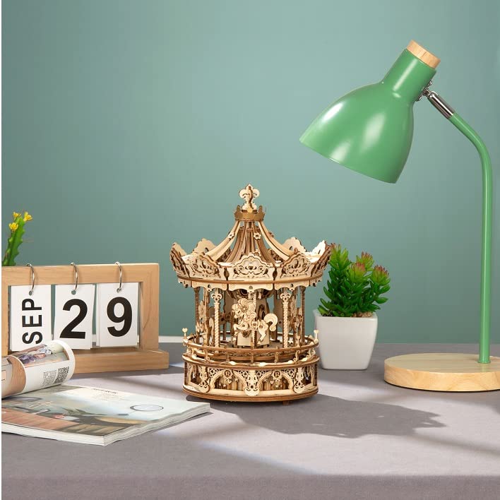 3D Moving Wooden Puzzle with LED and Music Box with Japanese Instructions Tsukurundesu® (Pony Carousel)