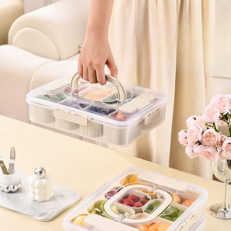 Eight-compartment Food Storage Box with Four Forks, Outdoor Picnic Covered Fruit Storage Box, Food-grade Compartments