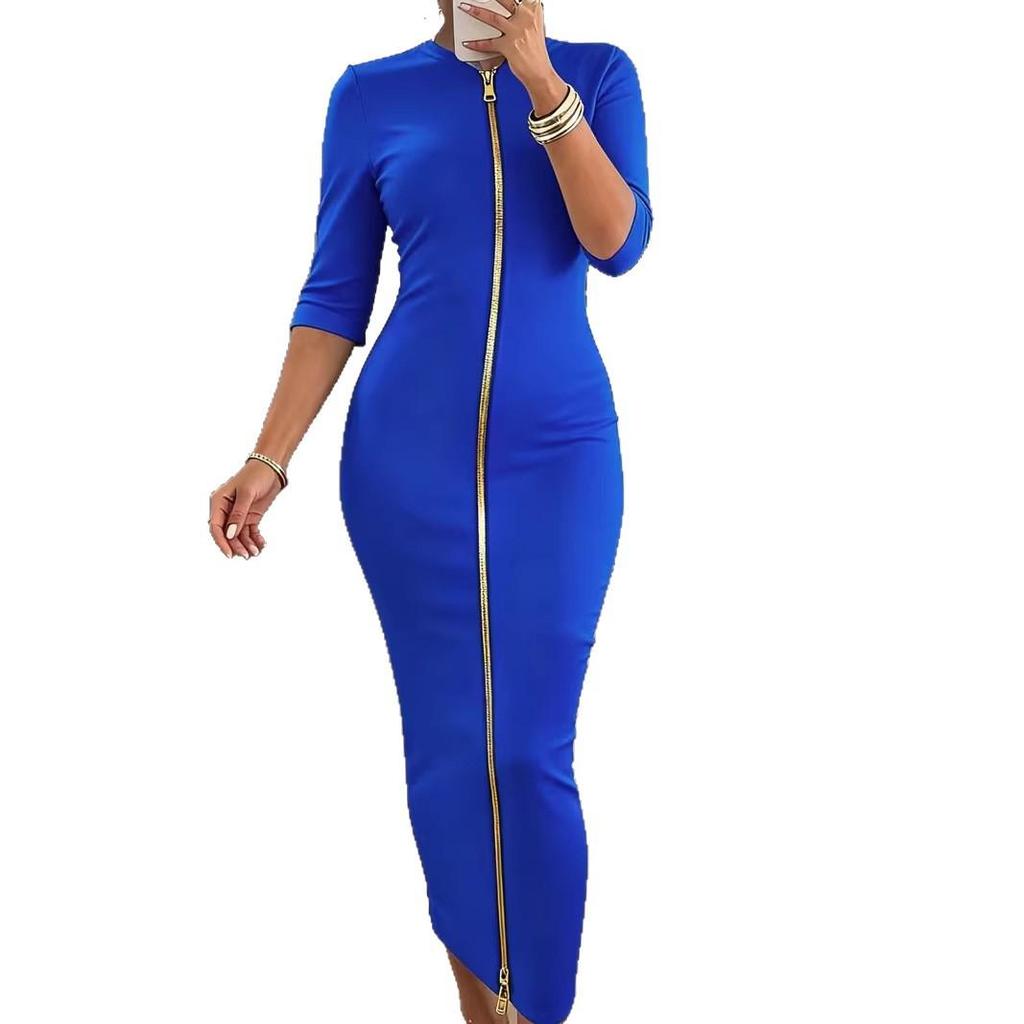 European Sexy Waist-Cinching Hip-Hugging Zipper Dress - Fashionable Mid-Sleeve Women's Skirt 2026.