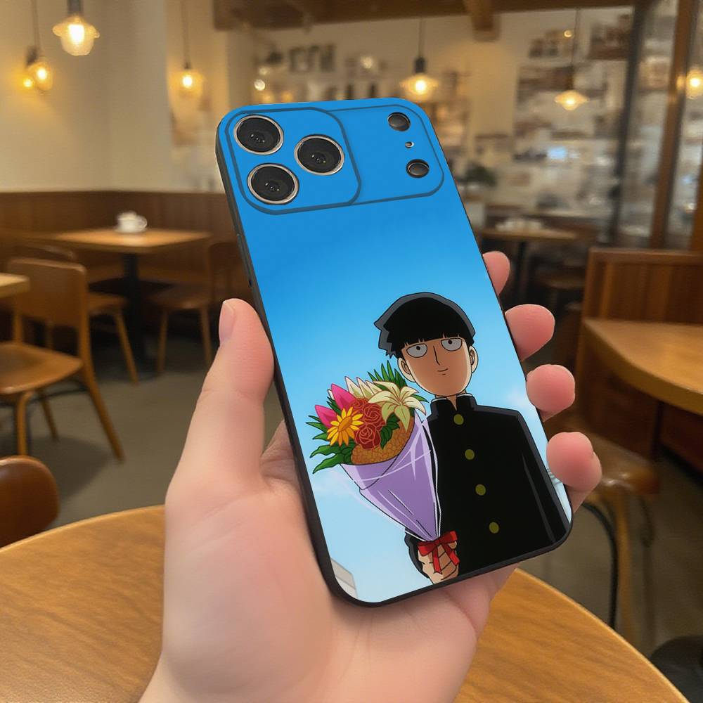 M-Mob Psycho 100 Anime Phone Case For iPhone 17,16,15,14,13,12,11,Pro,XS,Max,XR,Plus,E,SE4,Mini Black Soft Cover