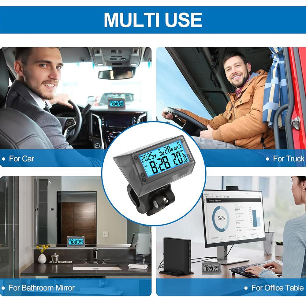 Solar Car Digital Clock Thermometer Waterproof LCD Dashboard Temperature Display