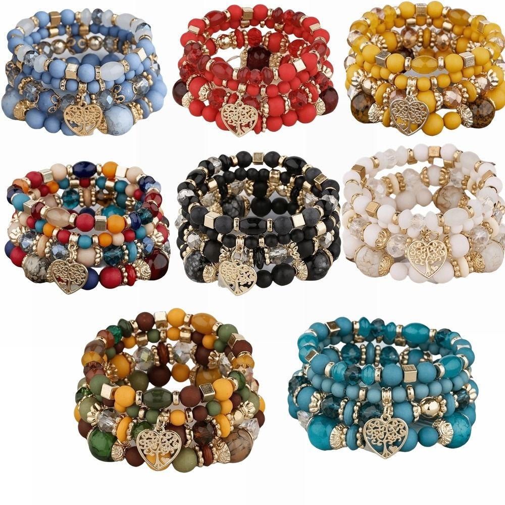 Ethnic Style Bohemian Beads Bracelet Heart Charm Multi-Layer Bracelets Women Bangle Set Gifts