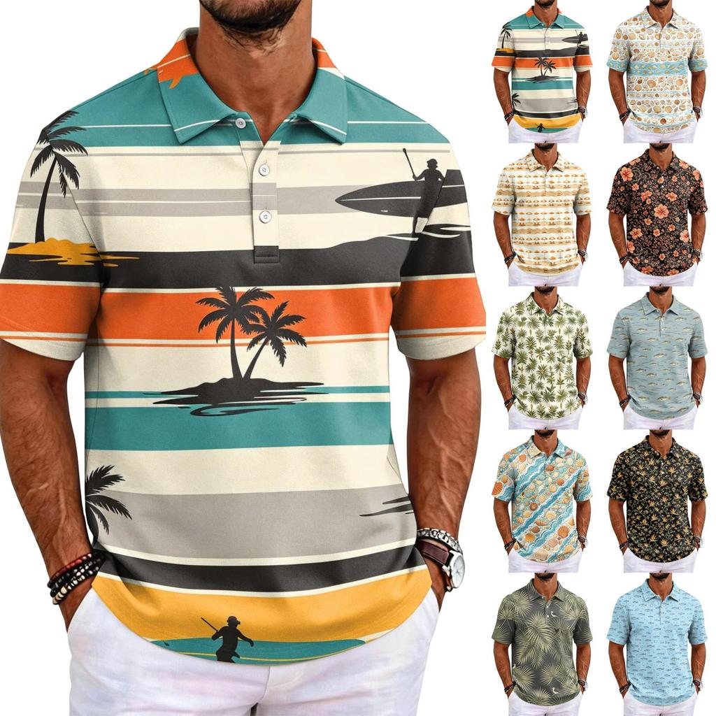 Herren Poloshirt Kurzarm Lockerer Schnitt Freizeit Hawaiianischer Stil Bedrucktes Oberteil Klassischer Kragen Entspanntes Design