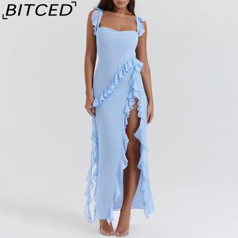 BITCED Women's Fashionable and Sensual Summer/Autumn Dress with Puffed Sleeves, Paneled Design and Elegant Slit