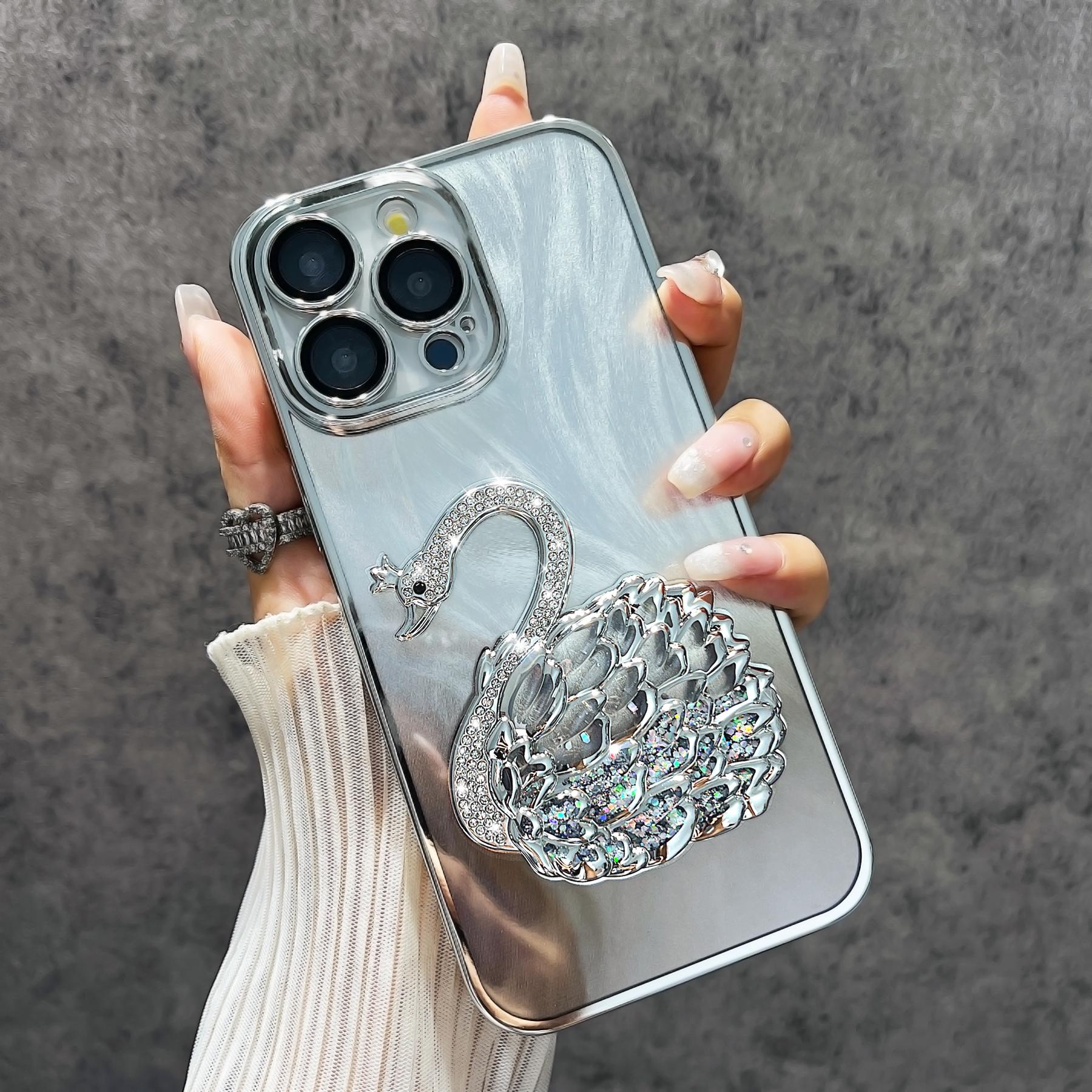 

For iPhone 13 Pro Case Feather Yarn Texture Quicksand Swan TPU Phone Cover with Glass Lens Film Silver