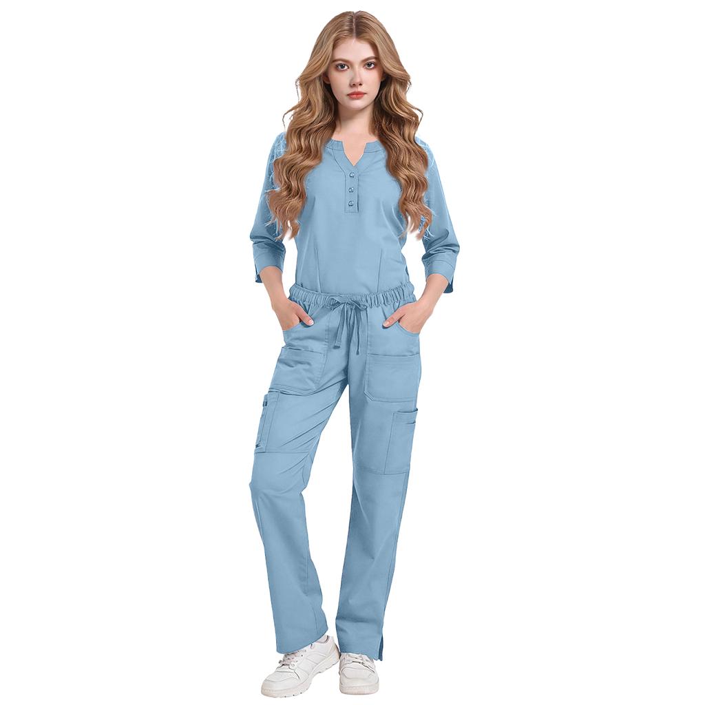 Women's Button-down, Comfortable, Casual, Lightweight, Mid-length Sleeve, Sweat-wicking, Heat-dissipating Scrub Shirt Set