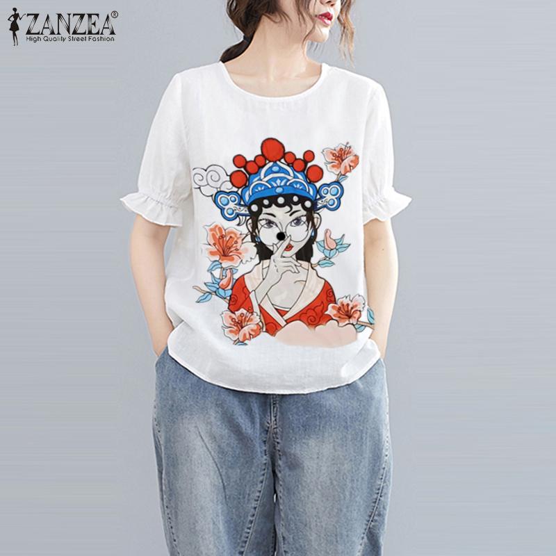

ZANZEA Женщины O-образный вырез с коротким рукавом Футболка Летняя мода Ретро Шаблон Блузка Футболки Топы