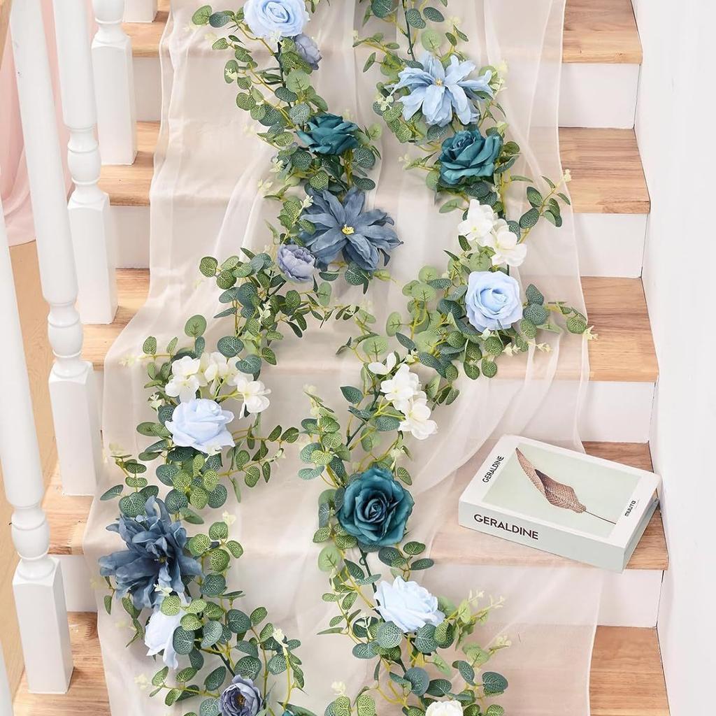 2m Künstliche Blumen Girlande, Blaue Dahlie Fake Ranken Eukalyptus Girlande mit Rose Pfingstrose Blumengirlanden für Hochzeit Tischmittelstücke Dekoration