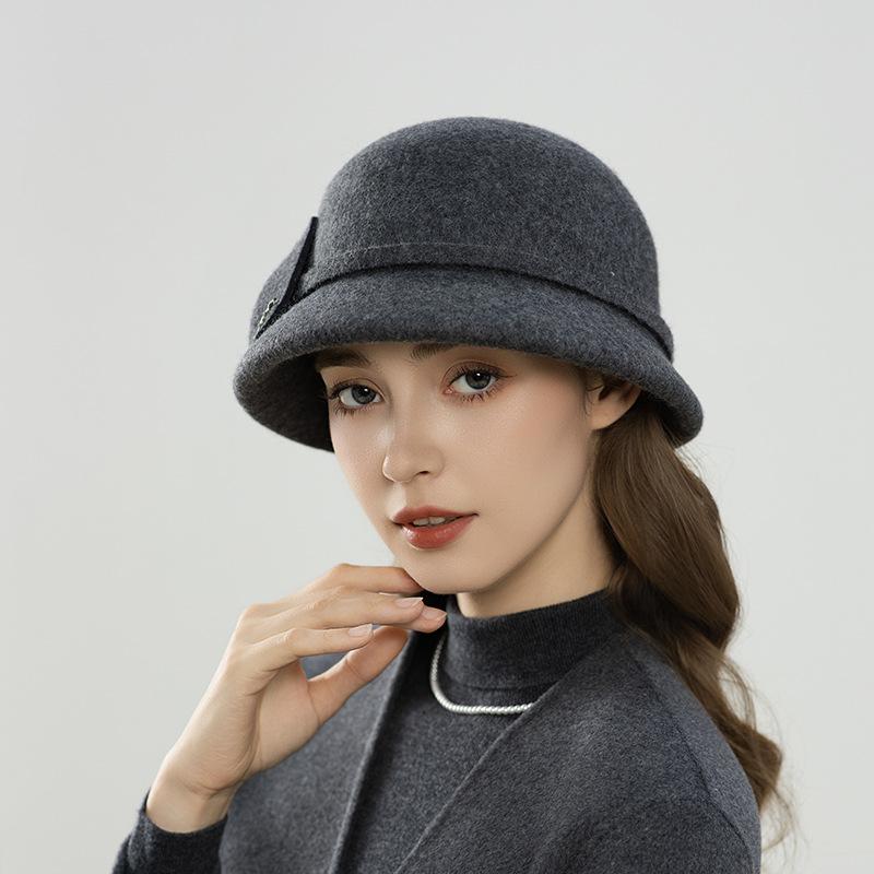 Hat lady autumn and winter wool bucket hat elegant bow decorative felt hat warm new basin hat