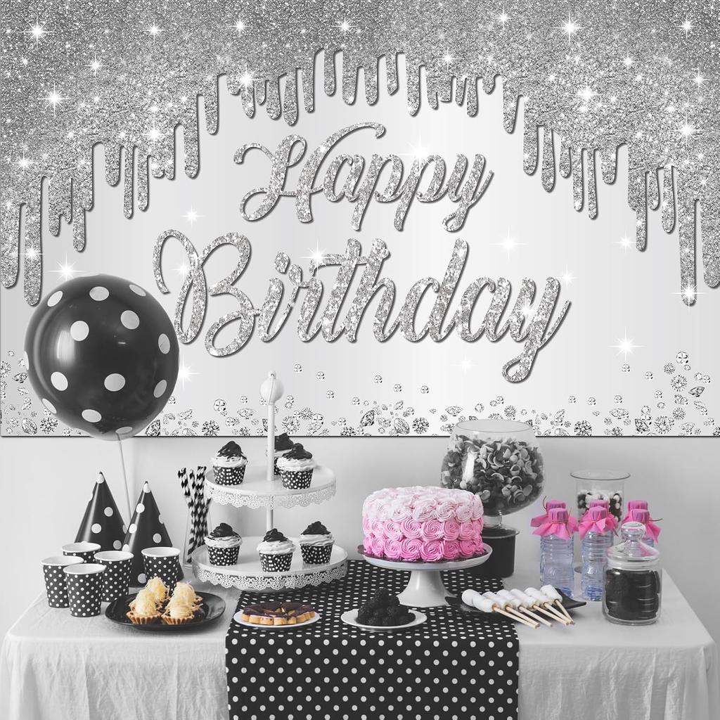 Happy Birthday Banner Silver Birthday Decorations for Women - Large Happy Birthday Backdrop Photography Background Banner Sign, Birthday Party Decor