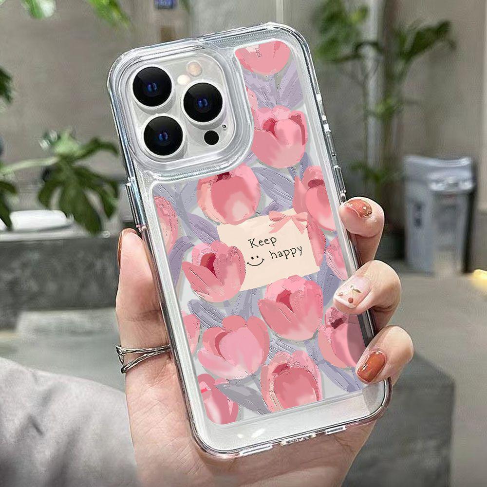 Oil painting pink tulip for iPhone17promax anti-drop mobile phone case 16 Apple 13/15 simple 14